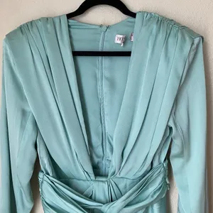 House of CB Pascale Aqua Draped Plunge Satin Mini Dress Womens Size M Mint Green thumbnail 10