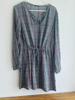 Gray Plaid Long-Sleeve Drawstring Waist Dress thumbnail 6