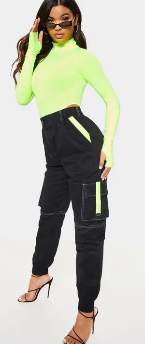 Black Contrast Stitch Neon Trim Cuffed Cargo Pants J thumbnail 1