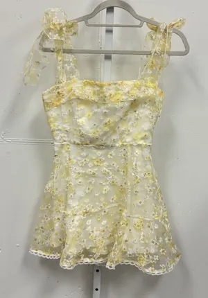 Lucy In The Sky Yellow Floral Tie Shoulder Mini Dress Lace Trim Size M Coquette thumbnail 1