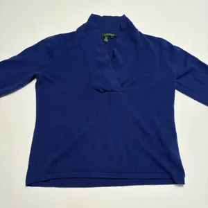 Lauren Ralph Lauren Sweater Women Large Blue Silk Cashmere Shawl Neck V-Neck thumbnail 1
