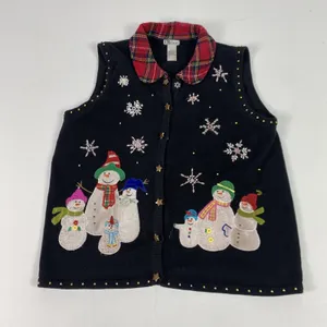 CB Career Sweater‎ Vest Womens Large Black Snowman Plaid Collar Ugly Christmas thumbnail 1