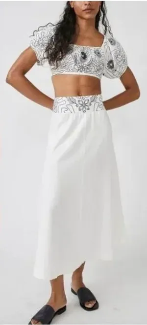 NWT Free People Lotus Set Embroidered Crop Top Maxi Skirt White & Black Size L thumbnail 1