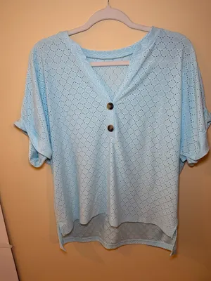 SHEIN Pale Blue Eyelet V-Neck Henley Top with Button Accents thumbnail 1