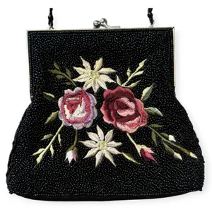 Y2K Style Black Beaded Floral Embroidered Kiss Lock Evening Bag Clutch Purse thumbnail 1