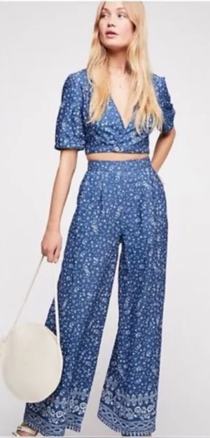 Free People Wild Heart Floral Wide Leg Pant Crop Top Set Sz‎ 10 thumbnail 1