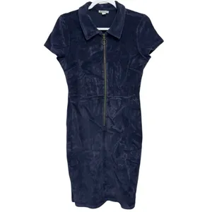 Corduroy Bodycon Dress Blue Zip Front Collared 90s Y2K Soft Stretch‎ Fitted Med thumbnail 2