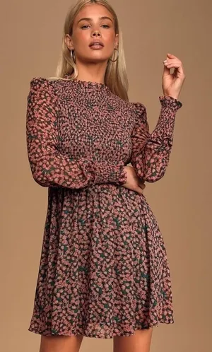 Lulus Floral Forever Print‎ Smocked Skater Dress in Green and Pink Size M thumbnail 1