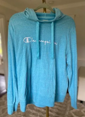 Champion Logo Hoodie Blue Lightweight Causal Athleisure L Hiking Granola Workout thumbnail 1