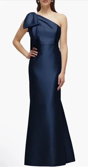 NWT Alfred Sung Midnight One-Shoulder Satin Mermaid‎ Gown Bow Formal Dress Sz 8 thumbnail 1
