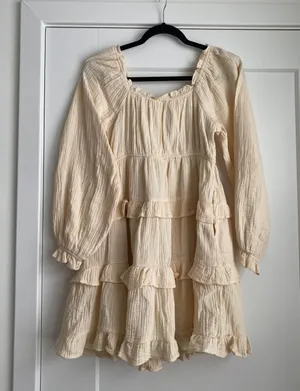 &merci taupe brown Puff Sleeve Babydoll ruffled Mini Dress sz S thumbnail 10