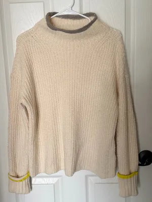 Maeve Anthropologie Contrast Trim Mock Neck Ribbed Sweater M Ivory thumbnail 2