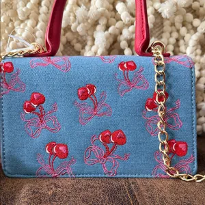 Betsey Johnson Cherry Embroidered Denim Handbag with bag charm NWT thumbnail 3