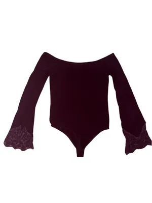 Express Off-The-Shoulder Burgundy Lace Bell Sleeve Bodysuit thumbnail 4