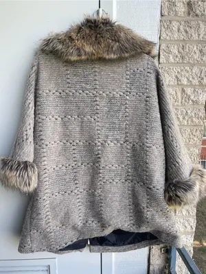 Taupe Knit Zip-Front merino wool Women's Sweater Cape with Faux Fur Trim thumbnail 3