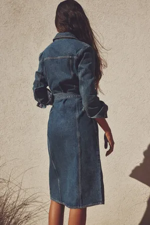denim jean dress midi button up long sleeve waist tie thumbnail 4