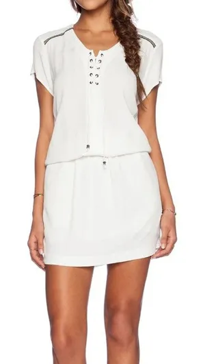 REVOLVE IKKS Dress US 6 EU 38 White Viscose Lace Up Pockets Sporty Casual Chic‎ thumbnail 1