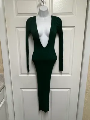 Hunter Green Deep V Neck Ribbed Dress thumbnail 5