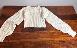 Altar State Cream Cable Knit Balloon Sleeve‎ Cropped Sweater Top Size Small thumbnail 1