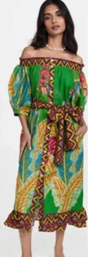 Farm Rio Banana Leaves Off-the-Shoulder Midi Dress Bright Colorful Size Small thumbnail 1