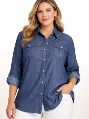 NWT!Blue Sparkles Pocket Snap Up Cuffed Sleeves Size 3X thumbnail 1