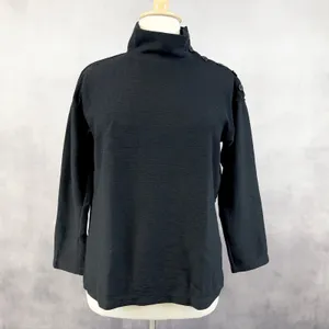 Max Studio Womens Top‎ L Black Mock Neck Button Sleeve Minimalist Quiet Luxury thumbnail 2