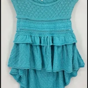 Free People Blue Juliette Ruffle Top, Linen Blend. Size XL thumbnail 4