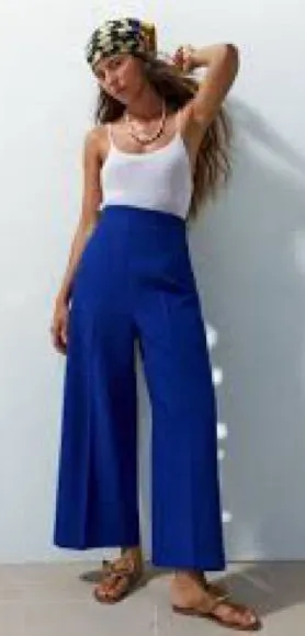 Zara Royal Blue High-Waist Wide-Leg Pants thumbnail 1