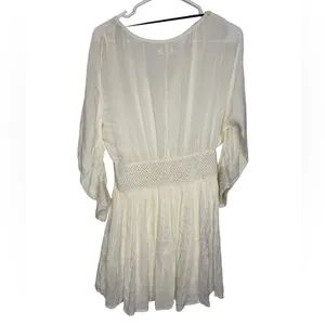 ✨🤍 Volcom Ivory Boho Smocked Waist Peasant Mini Dress Size‎ M 🤍✨ thumbnail 4