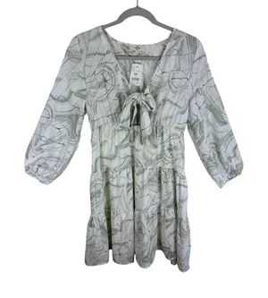 Entro NWT Sage Green Cream 3/4 Balloon Sleeve Tiered‎ Ruffled Above Knee Dress S thumbnail 1