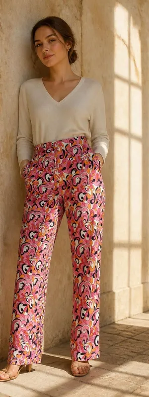 Zara Paisley and Floral 70s Style Dress Pants Pink Orange White Black Size XS thumbnail 1