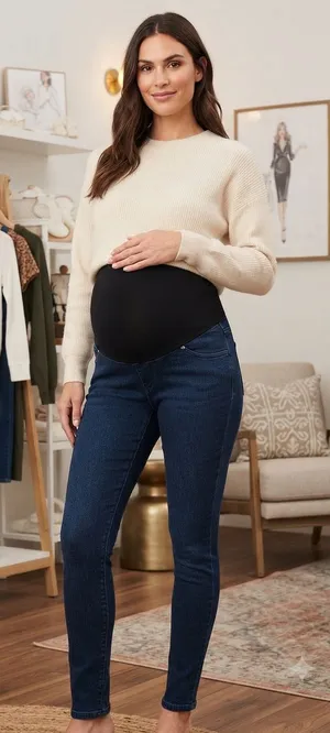 Time and Tru Dark Blue Maternity Skinny Jeans with Black Overband thumbnail 1