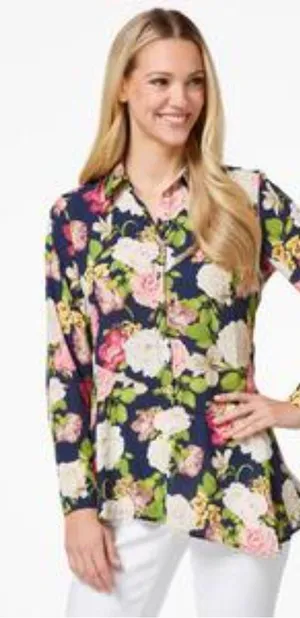 CATO Ruffled Rose Print Tunic Assymetrical Flowy Modern blouse pink blue medium‎ thumbnail 1