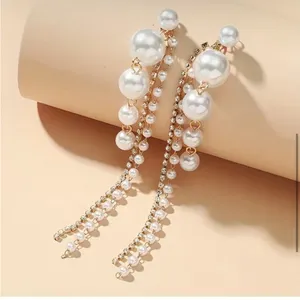 Faux Pearl Shiny Rhinestone Chain Tassel Design Dangle Earrings Elegant‎ thumbnail 5