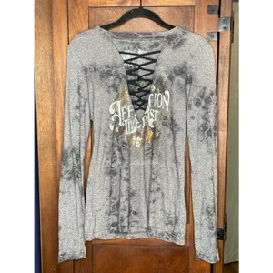 Affliction Live Fast Lace Up Top Gray Burnout Long Sleeve Grunge Bikercore S thumbnail 2