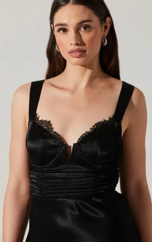 Astr Aeris Satin Lace Trim Maxi Dress Black Size Small Bustier Corset Whimsigoth thumbnail 1