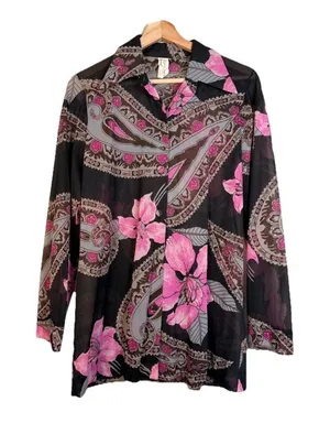Vintage 70s Women’s Shirt Paisley Gogo Mod‎ Disco Hippie Button Sheer Size Med thumbnail 1