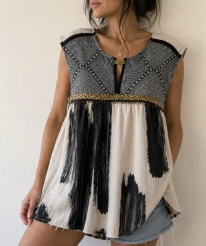 Anthropologie Floreat Cream Black Abstract Beaded Embellished Tunic Top Size 6 thumbnail 1
