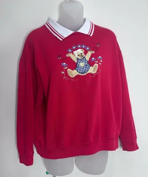 Vintage Red Crewneck Sweater Teddy Bear White Polo Collar size large thumbnail 1