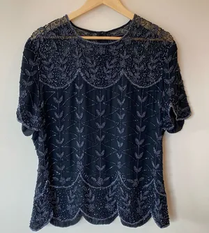 Cote d’ Azur Vintage 1980s Beaded Black Sequin Short Sleeve Blouse XL Classic thumbnail 1