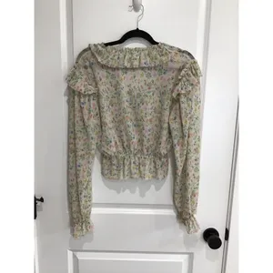 by ANTHROPOLOGIE Blouse Womens XS Green Floral Ruffled Puff Sleeve Boho thumbnail 3