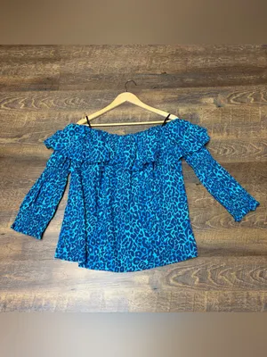 Lilly Pulitzer Beatrix Off-the Shoulder Top Women’s XL Oyster Bay Navy Leopard thumbnail 3