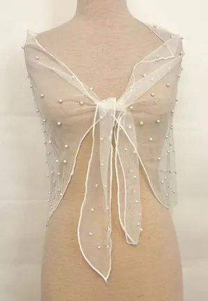 Bridal Sheer White Pearl-Embellished Shawl Wrap Bolero Wedding Gown caplet thumbnail 1