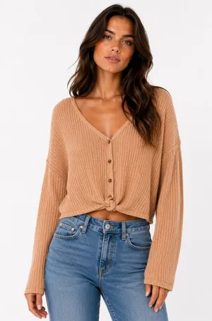 American Eagle Waffle Knit Top Camel Ling Sleeve Lounge Neutral Elevated Basic S thumbnail 1