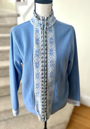 Vintage L.L. Bean Blue Nordic Edelweiss Printed Zippered Fleece thumbnail 1