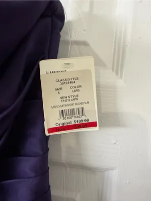 David's Bridal Plum Strapless Ruched Satin Cocktail Dress‎ thumbnail 3