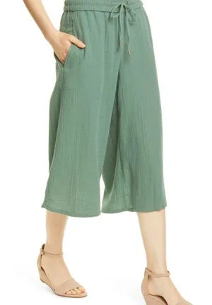 Eileen Fisher Nori Drawstring Wide Leg Cropped Culottes Organic Cotton Gauze thumbnail 1