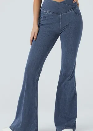 H13.- Halara Flex™ High Waisted Crossover Pocket Washed flare Jeans. XL P thumbnail 1