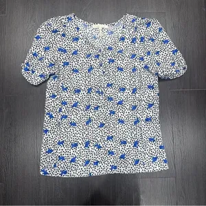 MAJE Blouse Lensam Printed Henley V-neck Short Puff Shoulder White Size 1‎ Small thumbnail 3
