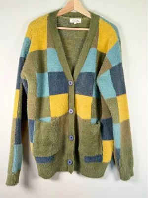 Listicle Women Green Yellow Blue Checkerboard‎ Fuzzy Eyelash Knit Cardigan Large thumbnail 1